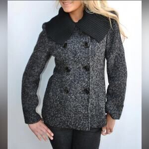 Steve Madden Wool Blend Short Gray Black Pea Coat w Pockets Removable Hood Sz M